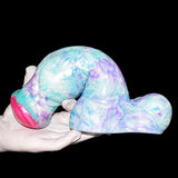 Pastel multicolor minotaur-style dildo with large knot and rounded ends