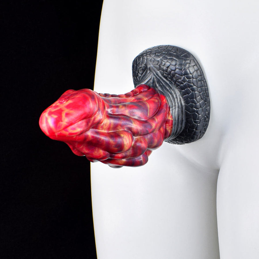 Dragon-shaped anal plug with red flame body and textured gray base