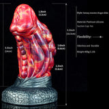 Red dragon butt plug with dark scaly base and size/materia labels