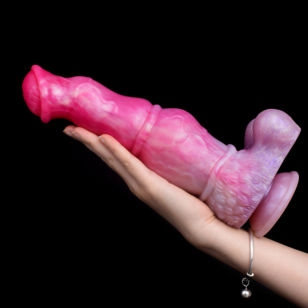Realistic horse dildo, pink ridged texture with light-purple rear head detail