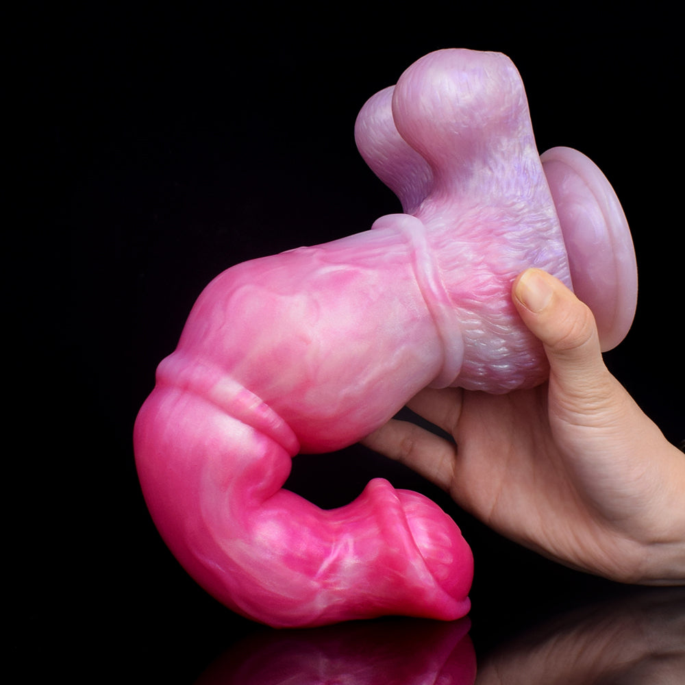 Realistic pegasus horse dildo close-up, pink textured shaft and rear head with ears