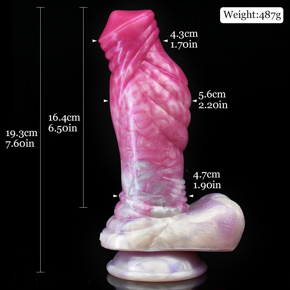 Unicorn Dildo mit gerippter Oberfläche und gebogener Silhouette, pink