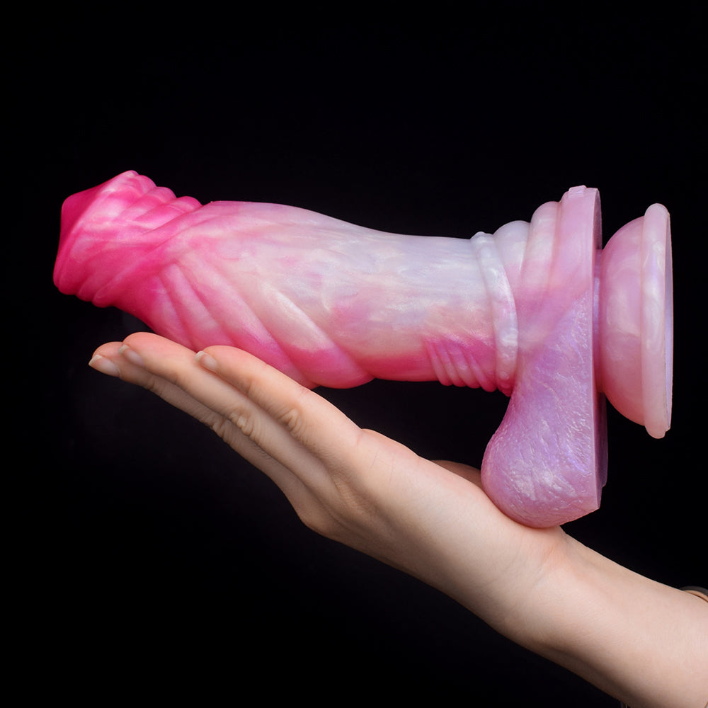 Gebogener gerippter Dildo mit Flared-Ende, rosa-pinkem Farbverlauf