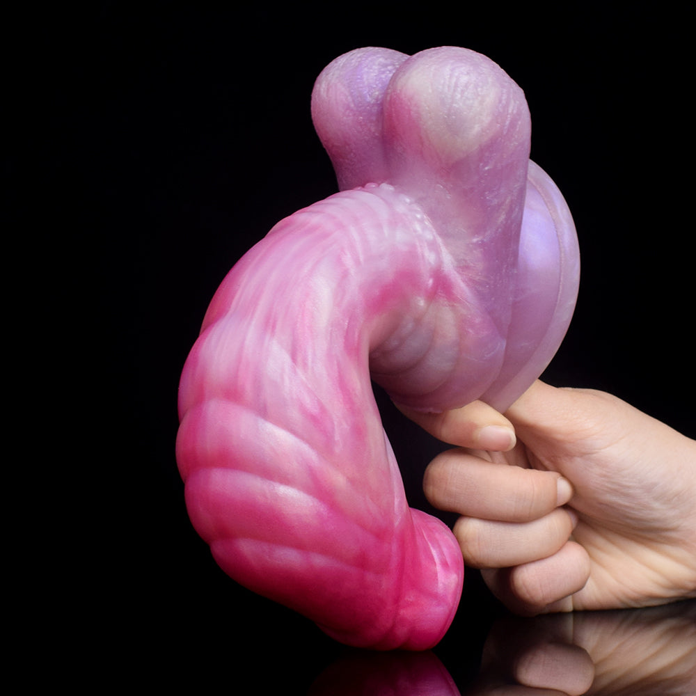 Gebogener Unicorn Dildo mit geripptem Körper, handgehalten, rosa/pink