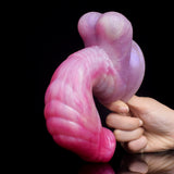 Gebogener Unicorn Dildo mit geripptem Körper, handgehalten, rosa/pink