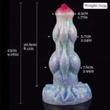 Size chart: pastel blue dildo with red tip; 23cm length, 703g weight.
