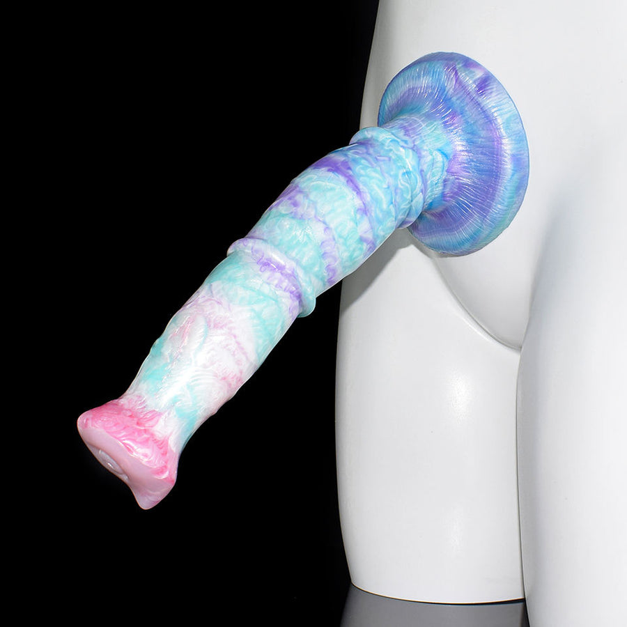 Realistic horse-shaped dildo with pastel blue and purple body, pink muzzle tip