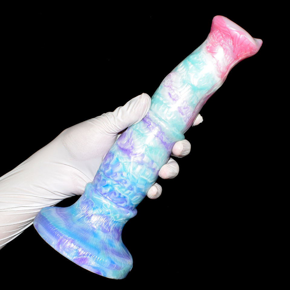 Horse-shaped sex toy with pastel aqua-blue body, pink muzzle, and purple mane-like ridges