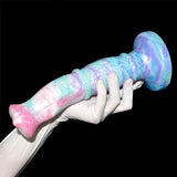 Horse-themed dildo with pastel aqua and purple ribbed texture, held near the midsection