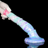 Pastel rainbow horse sex toy with wide rounded base, pink muzzle tip, and lilac accents