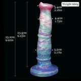 Tall horse-themed dildo in pastel blue, purple, and pink with rounded base