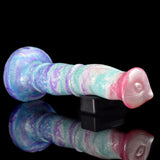 Side view of huge horse-themed sex toy in pastel aqua and lilac with pink muzzle