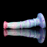 Full-length horse-themed dildo with pastel blue and purple finish, pink muzzle, wide base