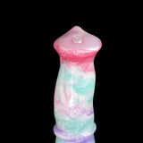 Close-up of horse-head top on pastel blue and purple sex toy with pink crown