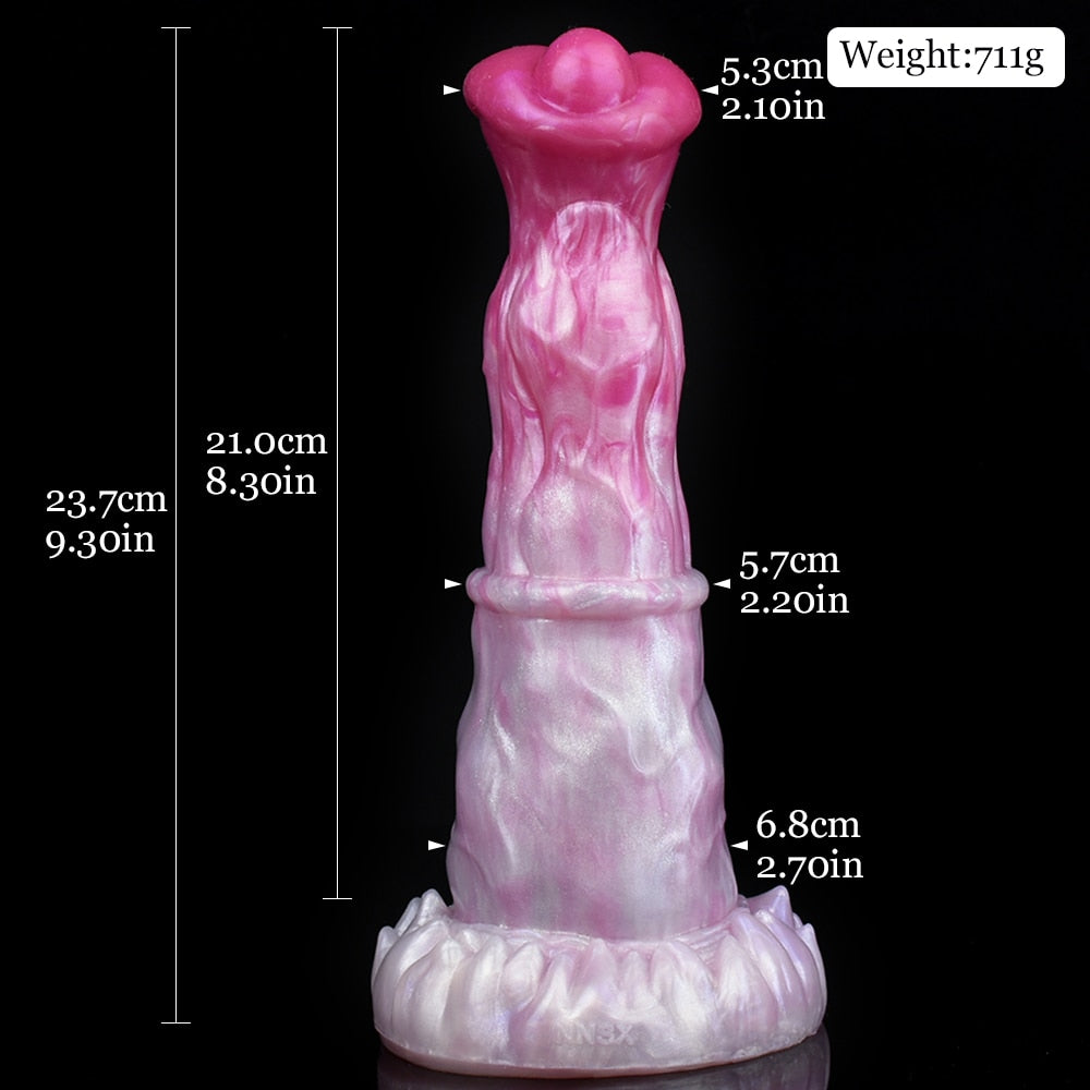 Pegasus-Dildo mit Größenangaben, pinkes Design mit breitem Fußbereich
