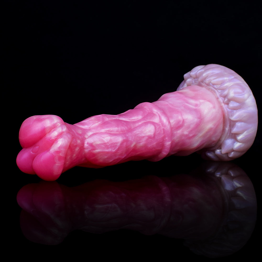 Realistischer Pegasus-Dildo in Pink, volle Seitenansicht mit strukturierter Oberfläche