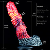 Dragon-themed ribbed dildo with fantasy curve, red body and dark metallic base (dimensions view)