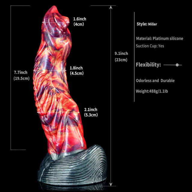 Gekrümmter Drache-Dildo, Maße-Visual (ca. 23 cm), rot-blau marmoriert