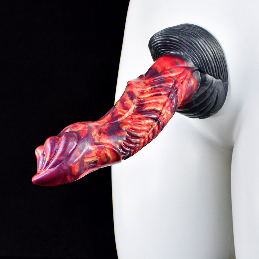 Dragon dildo with ribbed texture, red-blue flame pattern, suction-cup base.