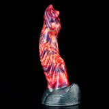 Aufrechte Ansicht: gekrümmter Drache-Dildo, rot-blau marmoriert, gerippte Basis