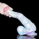 Side view of curved horse dildo, pastel iridescent blue and violet swirls, pink tip