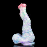 Curved horse dildo, pastel iridescent blue with violet sheen, pink head and thick base