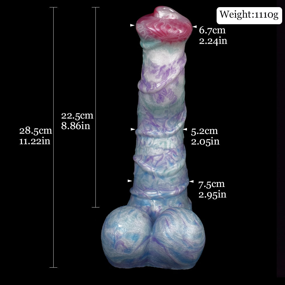 Curved horse dildo profile with size overlay, iridescent pastel blue and pink tip