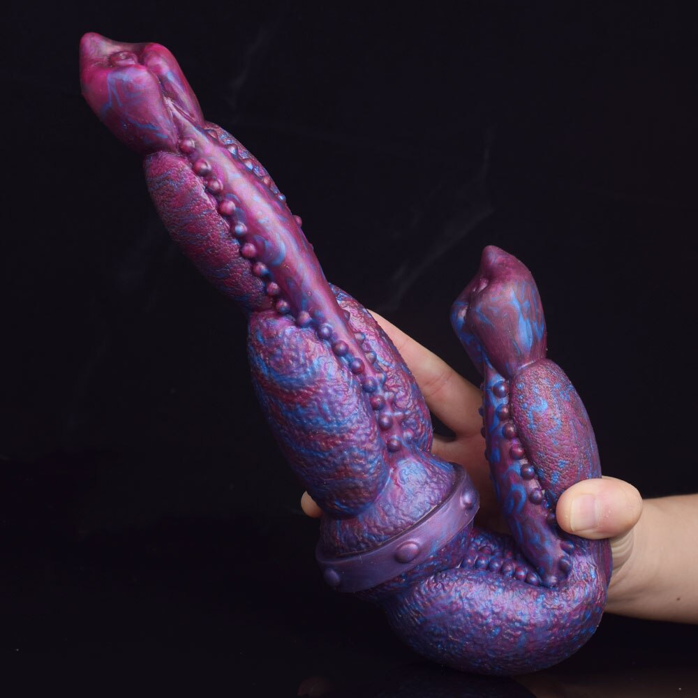 Huge double-ended equine dildo, purple-blue textured surface with bead-like bumps