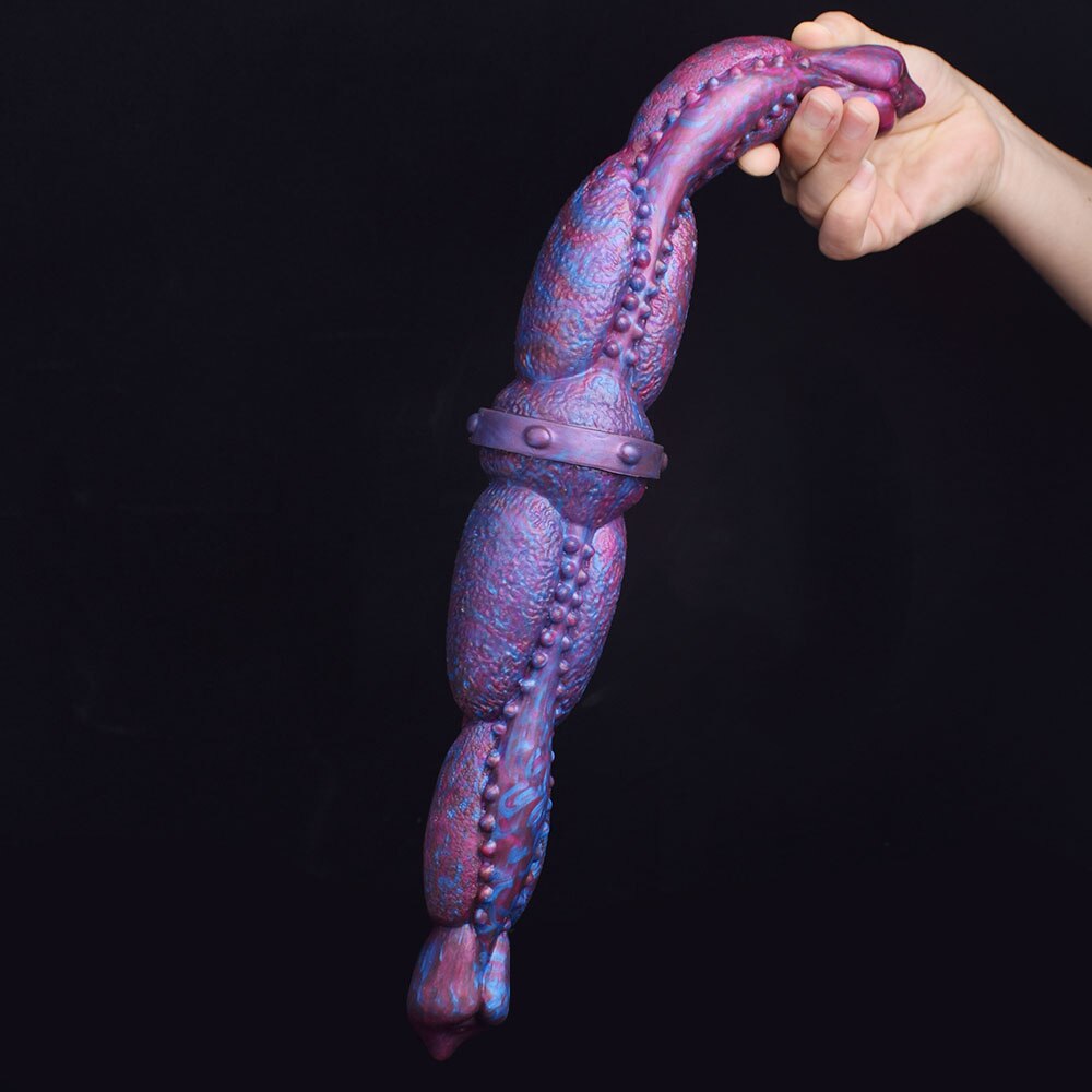 Double-ended equine dildo with curved shape, purple-blue texture and raised bead details