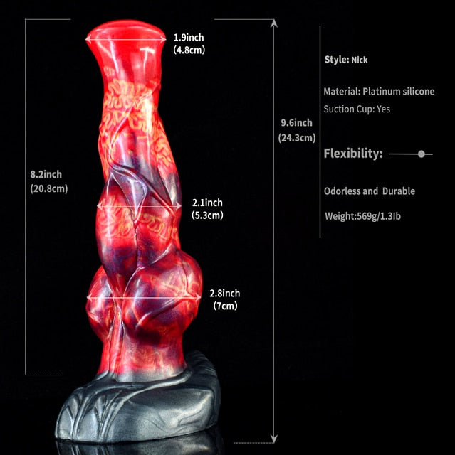Tall muscular horse-style dildo, red-and-blue marbled body with gray flared base