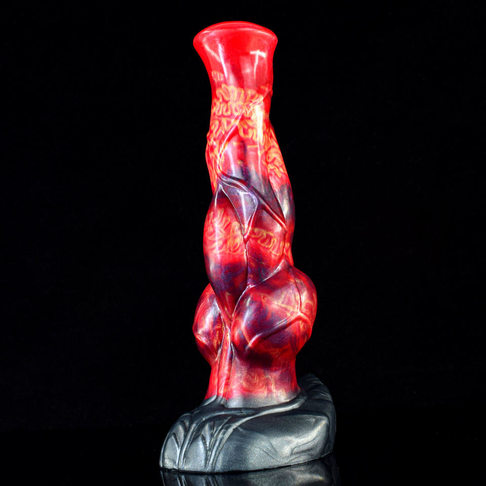 Standing view: red-and-blue muscular horse-style dildo with gray flared base