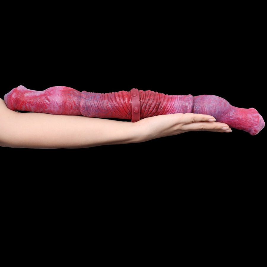 Pink double-ended horse-shaped sex toy with textured, ridged shaft