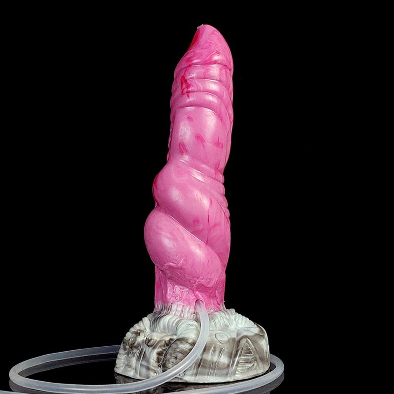 Tall alien double-knot dildo in hot pink with clear pale base and ring base.