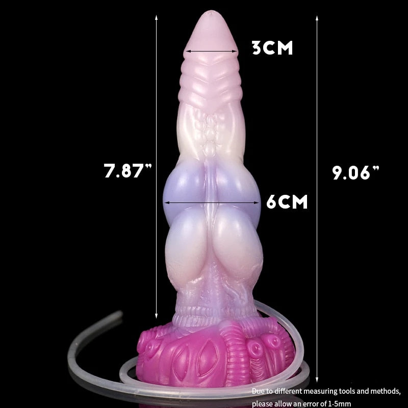 Double-knot alien dildo in light lilac and pink, side view with size marks.