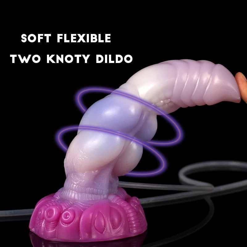Lavender double-knot silicone dildo with flexible form, molded details, and pink ring base