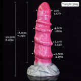Pink ribbed octopus-style vibrator plug with flared gray base, tall sculpted shape.
