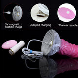 Gray-base vibrator with pink wireless remote puck and USB charging cable set.