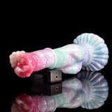 Pastel blue/turquoise pegasus horse dildo with pink head, side view