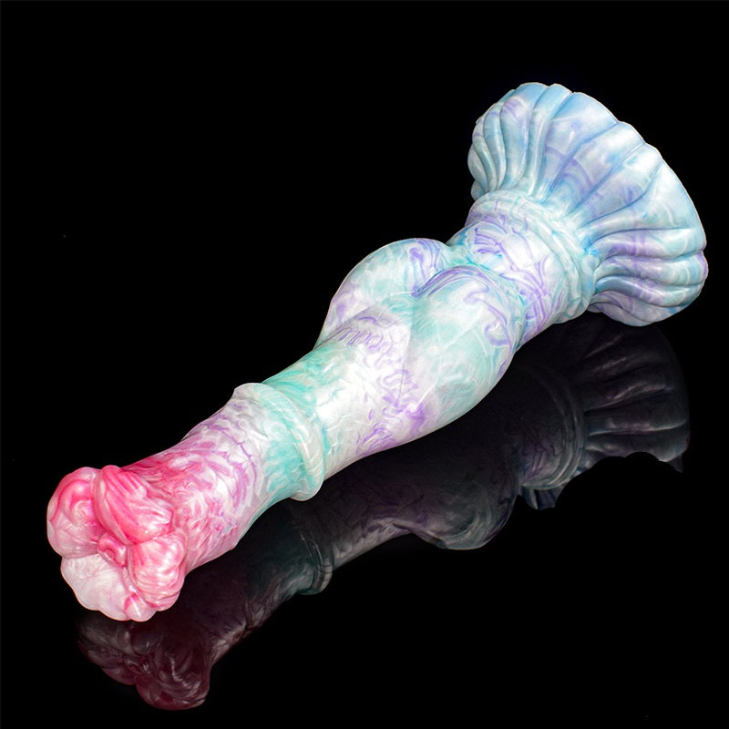 Pegasus horse dildo in pastel blue with pink front tip, angled view