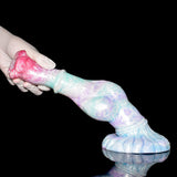Pegasus horse dildo on side view; pastel blue/turquoise body with pink head