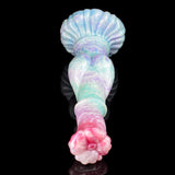 Pegasus horse dildo front view; curved pastel blue body with pink tip