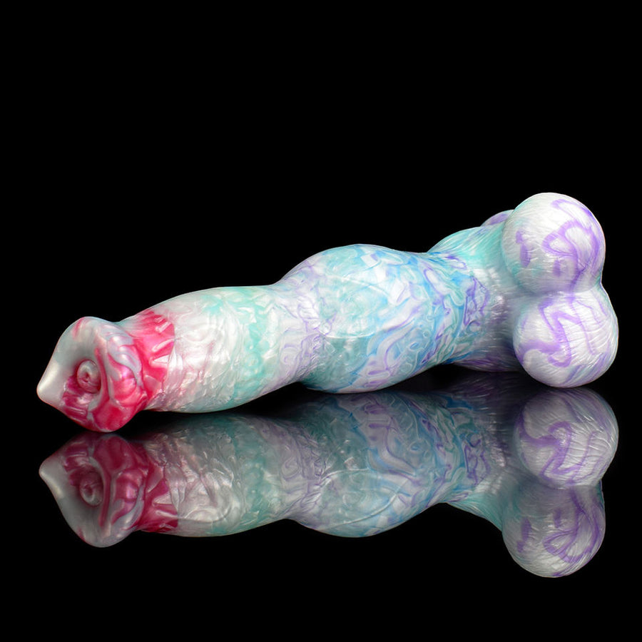 Novelty dildo, side view; pastel blue and lavender body with curled purple end and pink tip