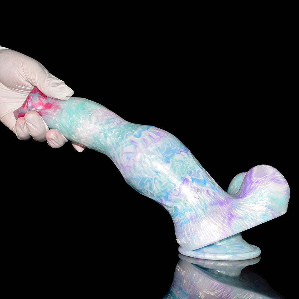 Giant werewolf dildo with knot, pastel blue body and purple-toned tip