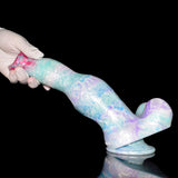 Giant werewolf dildo with knot, pastel blue body and purple-toned tip