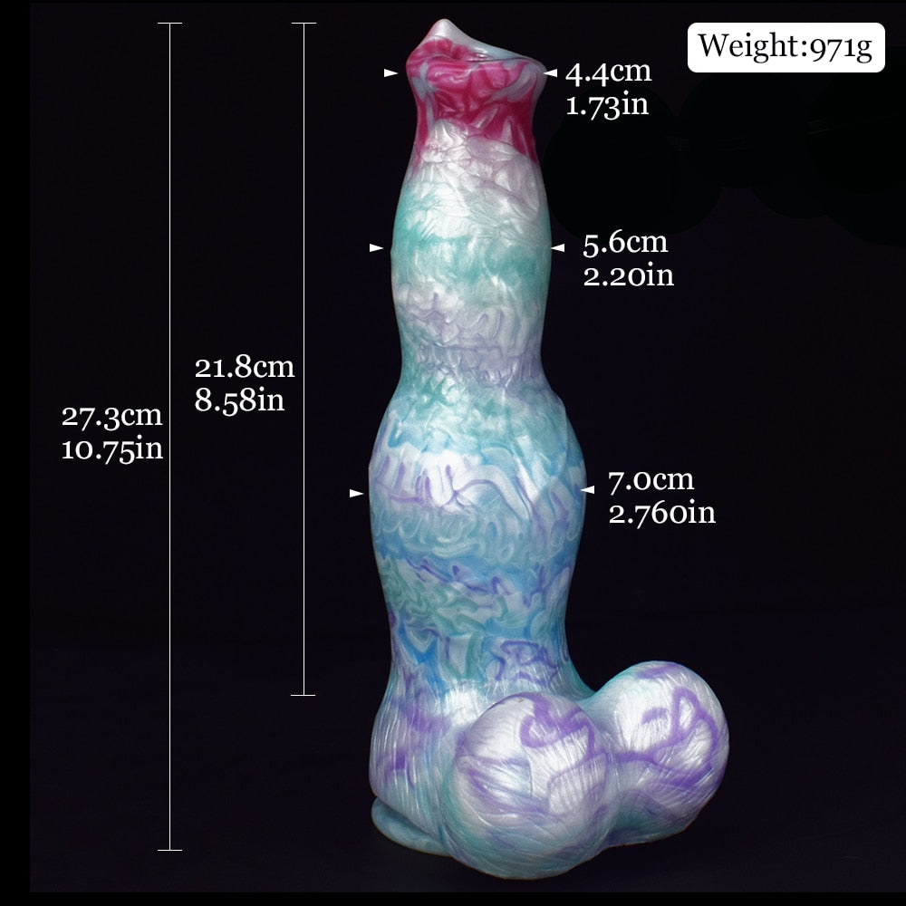 Giant werewolf dildo size diagram with thick knot and purple swirled base