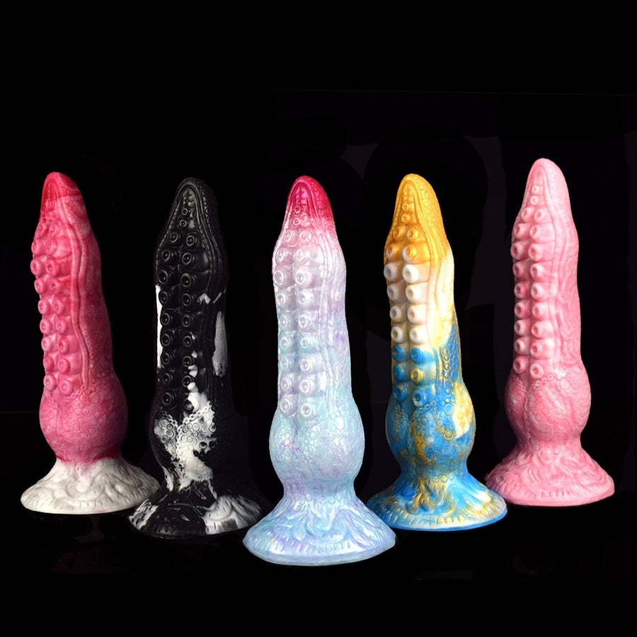 Fantasy octopus tentacle butt plugs, multi-color lineup with suction-cup detail