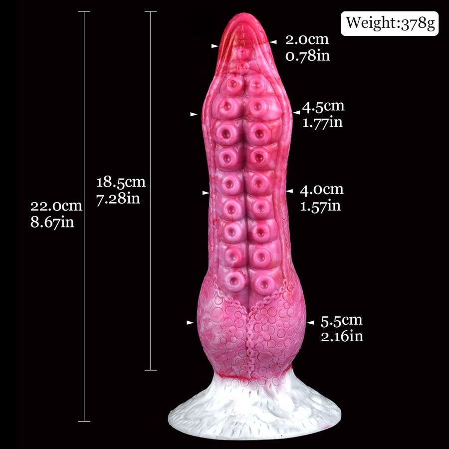 Pink octopus tentacle butt plug with size and weight markings