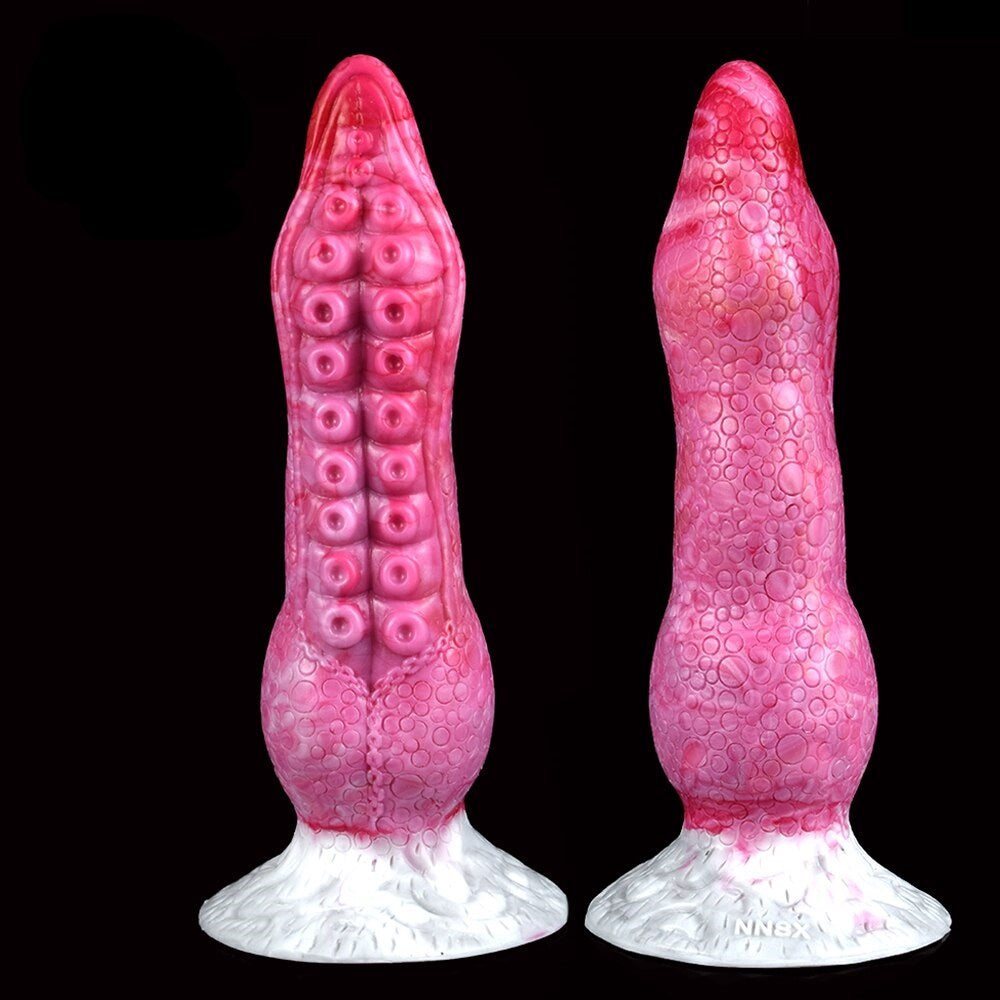 Fantasy octopus tentacle butt plug, pink textured surface from front and side angles