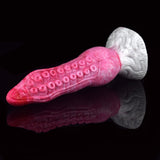 Fantasy octopus tentacle butt plug in pink, side view with white fin base