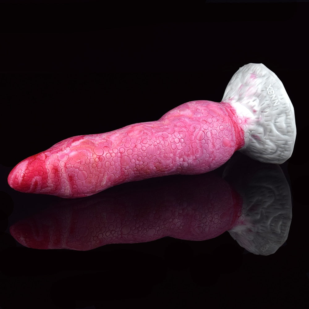 Fantasy octopus tentacle butt plug in pink, angled side view with white base